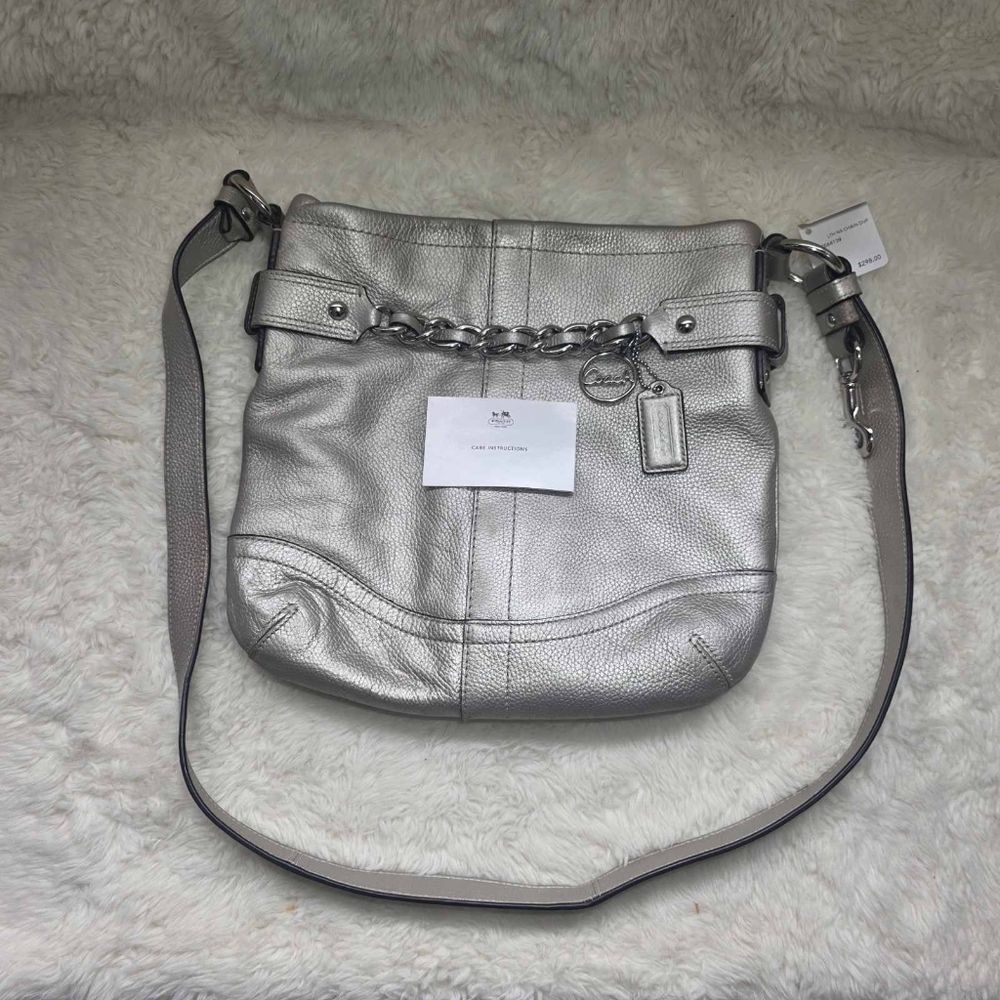 Coach Metallic Silver Pebbled Leather Chain Duffle Shoulder Crossbody Bag Y2K